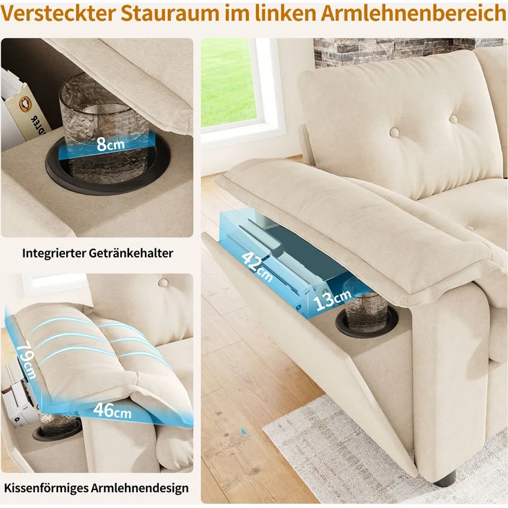 DESVIAE Sofa Modulares 6-Sitzer-Ecksofa Beige aus Chenille – 312x82x142 cm – Stauraum-Hocker, LED-Beleuchtung – Bild 4