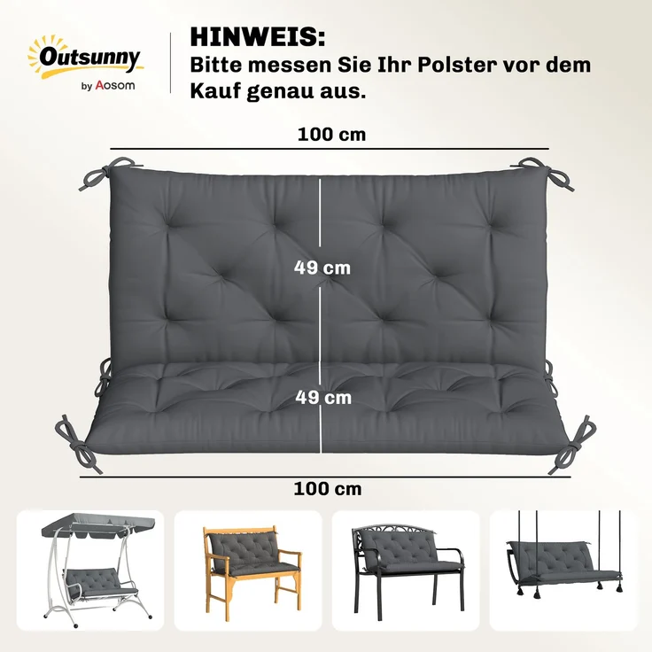 Outsunny Bankauflage, Polyester, Schaumstoff, Dunkelgrau, 98L x 100B x 8T cm – Bild 3