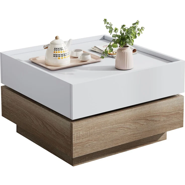 Merax Funktionaler Couchtisch für das Wohnzimmer, 360° drehbar, drehbare Tischplatte mit 2 Ablagen und Stauraum, Gestell Wohnzimmerbeistelltisch, 60*60*38 cm, weiß+walnuss – Bild 9