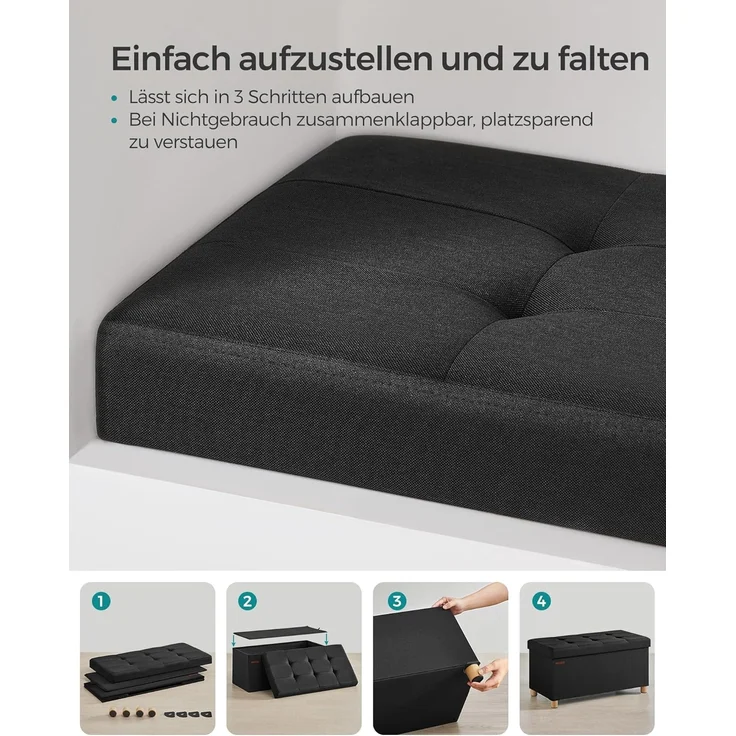 Songmics Sitzbank mit Stauraum, Schuhbank, klappbare Sitztruhe, Aufbewahrungsbox, Fußbank, 38 x 76 x 40 cm, für Wohnzimmer, Schlafzimmer, tintenschwarz LSF016B11 – Bild 6