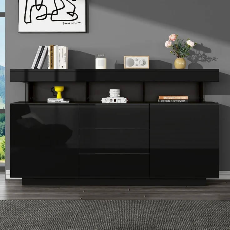 ZUBALIYA Sideboard 140x35x80 cm, mit LED-Beleuchtung, Hochglanz, aus Spanplatte, Schwarz – Bild 5