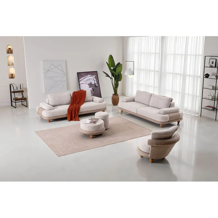 Sitzgruppe/Sofa Set - Wohnzimmergarnitur "Magnolia" 3+3+1 + Hocker-Beige – Bild 3