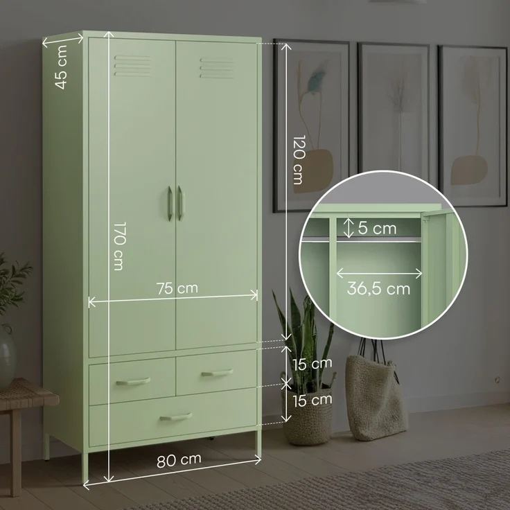skølm 'Atria' Kleiderschrank mit 3 Schubladen, Metall, 170x45x80 cm, grün, Garderobe mit 4 Fächern und 2 Kleiderstangen – Bild 7