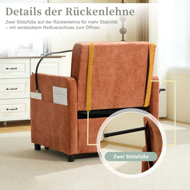LVHOM Multifunktionaler Schlafsessel mit klappbarer Ablage, Ausziehbares 1-Sitzer Schlafsofa mit Handyhalter und Seitentaschen, Loungesessel, Orange – Bild 8