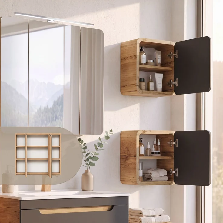 Badmöbel Set in seidenmatt anthrazit mit Wotan Eiche Nb. NEW-LUTON mit 81 cm Keramik-Waschtisch & LED-Spiegelschrank, B/H/T ca. 130/200/46 cm – Bild 5