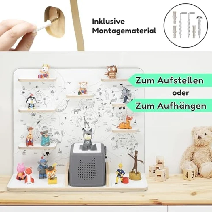 stadtecken Kinder Regal für Musikbox I Geeignet für die Toniebox und ca. 50 Tonies I Perfekte Aufbewahrung für Kinderzimmer I zum Aufstellen oder Aufhängen I Weltkarte, groß – Bild 7