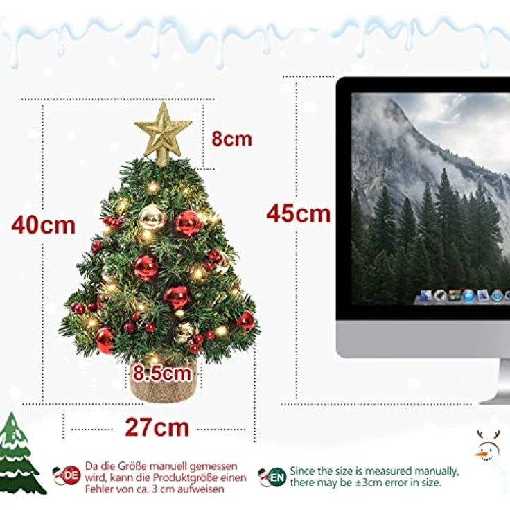 Yorbay Künstlicher Weihnachtsbaum Mini Weihnachtsbaum mit warmweiß LEDs, 8 Licht Modi, 40cm Tisch-Tannenbaum mit Stern-Baumspitze und Deko, Batterie betrieben, für Weihnachten, Advent, künstlich, Geschmückt – Bild 7