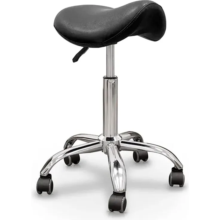 QUIRUMED Pony-Hocker, Chromgestell mit 5 Rädern, Schwarze Farbe, ergonomisch, leicht, höhenverstellbar, hochdichte Polsterung, Kunstleder, bis zu 150 kg