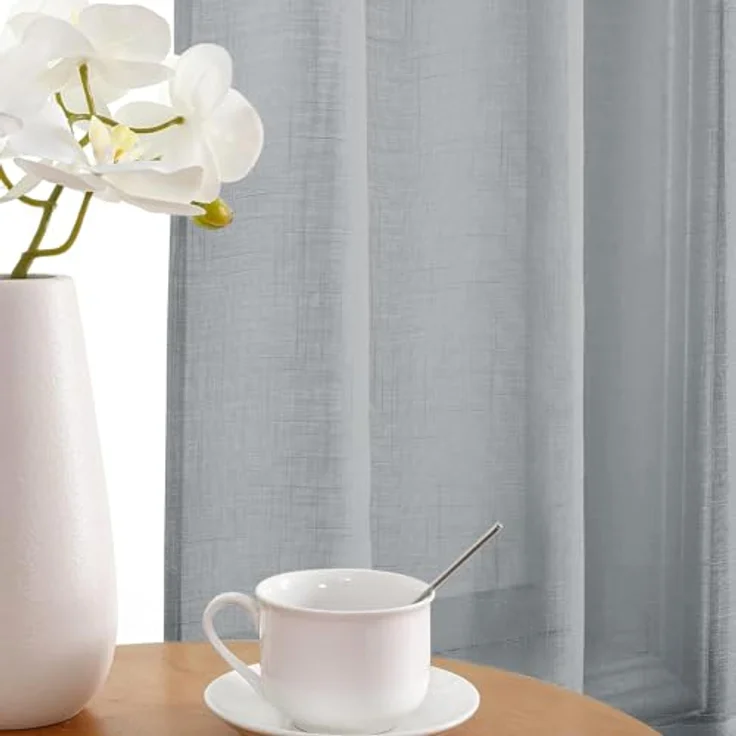 CUCRAF Leinen Voile Vorhänge mit Ösen Lichtfilterung Gardine für Schlafzimmer Wohnzimmer, Grau Blau, H245 x B140cm 2er Set – Bild 5