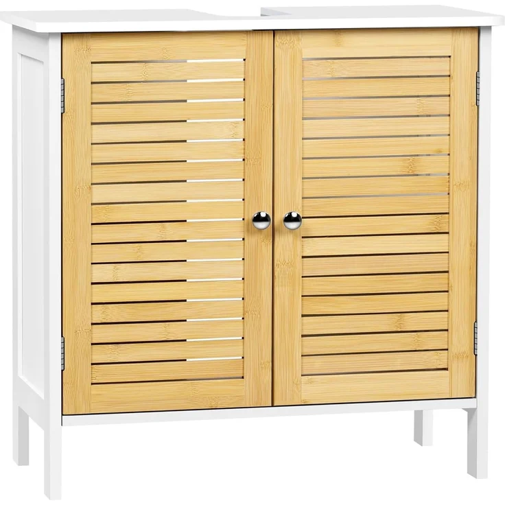 EUGAD Waschbeckenunterschrank, Badezimmerschrank, Unterschrank Badezimmer, mit Doppeltür, aus Bambus MDF, 60 x 60 x 30 cm, Weiß + Bambusfarbe