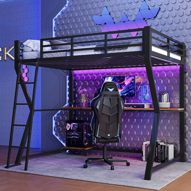 Hochbett, 90*200cm , Mit LED-Leuchten, Computerkonsolenablage, Schreibtisch, Steckdose+USB, Geländer, Treppe, ohne Matratze, Schwarz – Bild 1