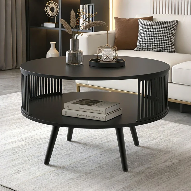 PEALOV Couchtisch rund, mit Ablage, Ø 75 cm, aus Metall, Schwarz (1-St), mit Ablage – Bild 1