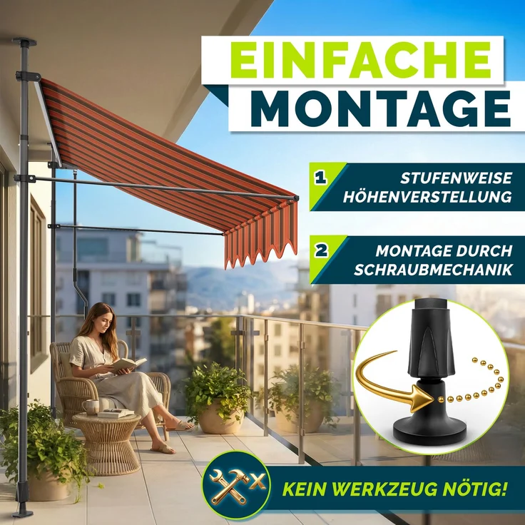 tillvex Balkonmarkise Gelenkarm Markise Klemmmarkise Sonnenmarkise Balkon ohne Bohren Orange/Anthrazit 150 cm – Bild 3