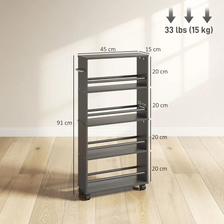 Nischenregal auf Rollen 45x15x91 cm, schwarz, mit 4 Fächern – Bild 4