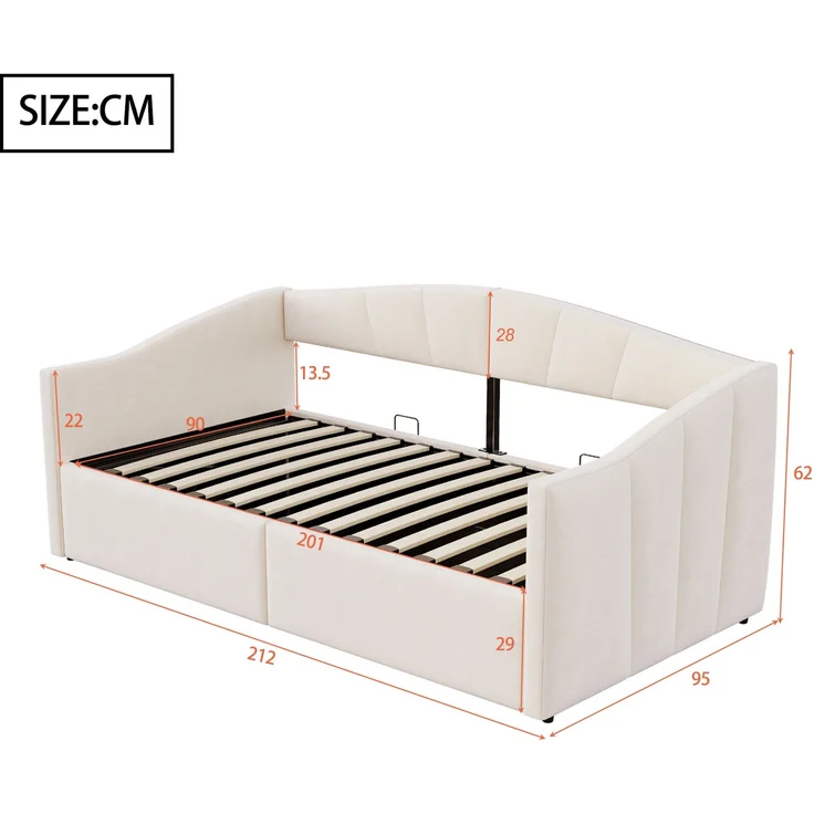 Polsterbett Schlafsofa, Samt mit Stauraum & Lattenrost, 90x200 cm, Beige, ohne Matratze – Bild 10