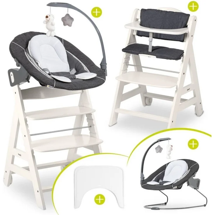 Hauck Hochstuhl Beta Plus White - Newborn Set Deluxe, Holz Babystuhl ab Geburt, Aufsatz für Neugeborene, Sitzkissen, Tisch – Bild 1