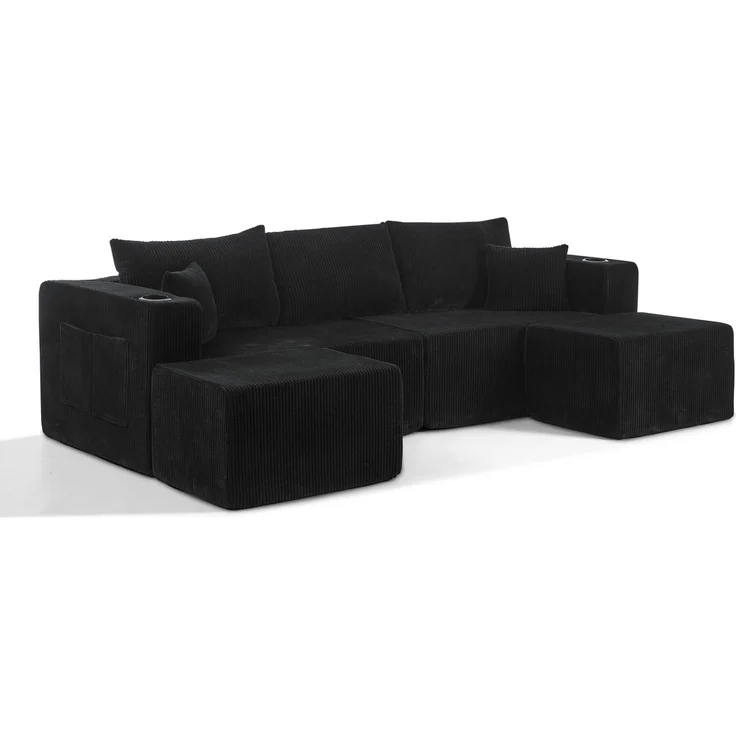 3-Sitzer Ecksofa aus Cordstoff mit beweglichen Ottomanen, Getränkehaltern und Seitentaschen, 230×138×75 cm, Schwarz – Bild 7