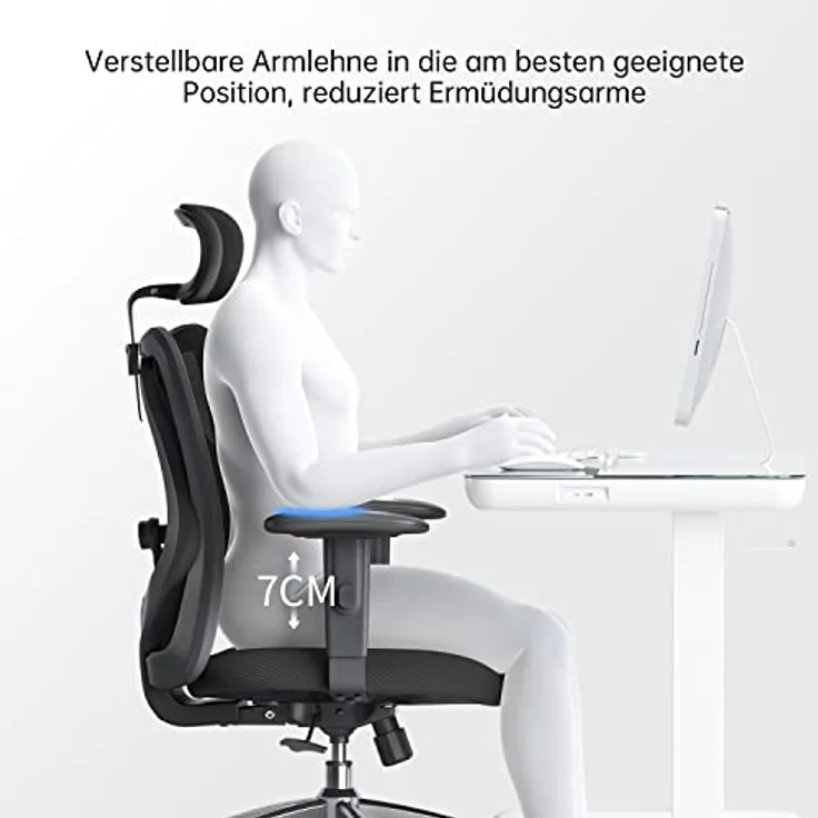 SIHOO Bürostuhl Ergonomischer Schreibtischstuhl, Drehstuhl hat Verstellbarer Lordosenstütze, Kopfstütze und Armlehne, Höhenverstellung und Wippfunktion, Rückenschonend, Bis 150kg/330LB Belastbar – Bild 9