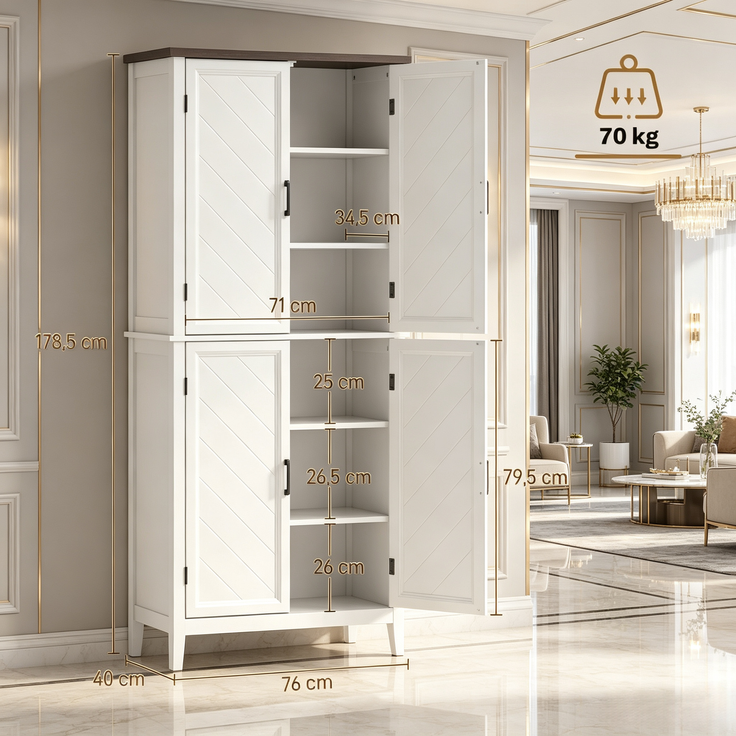 Küchenbuffet B 76 x T 40 x H 178,5 cm aus MDF in Weiß mit Holzoptik, 4 Türen – Bild 5