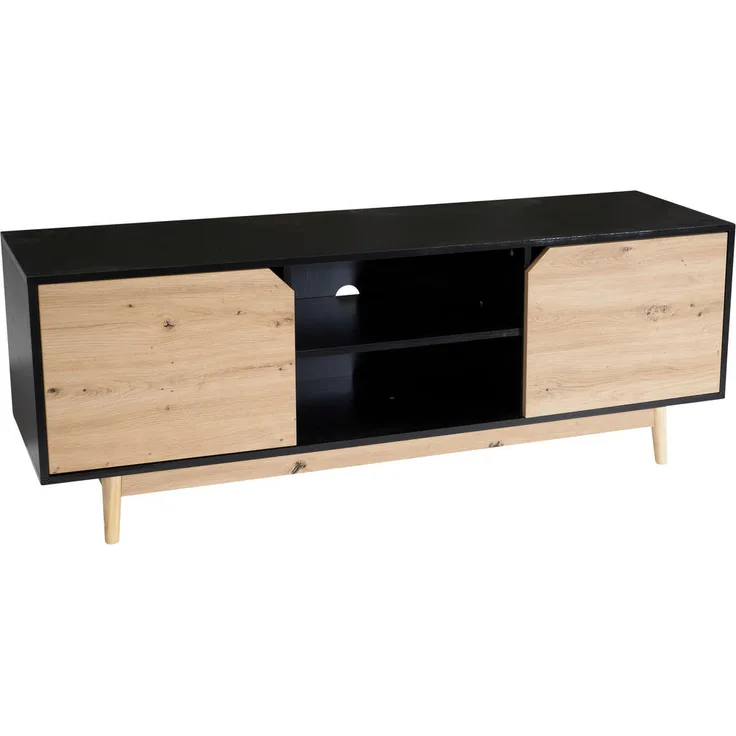 Livetastic Lowboard, Schwarz, Eiche massiv, 150x55x40 cm, stehend, mit Drehtüren