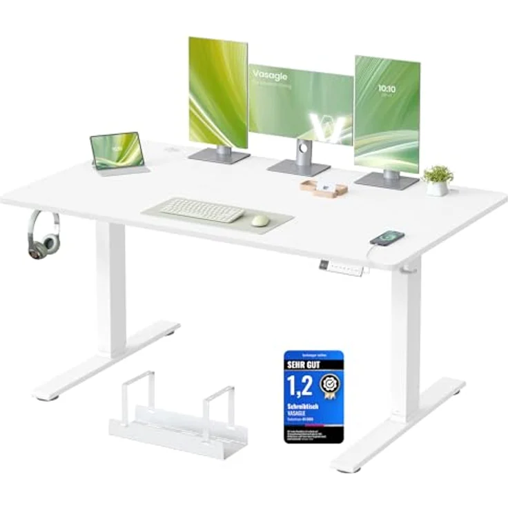 VASAGLE Höhenverstellbarer Schreibtisch, 140x80 cm, USB-C-Anschluss, Ablage für Steckdosenleiste, Stehtisch, Erinnerung bei langem Sitzen, 3 Speichertasten, für Büro, mattweiß LSD144WZ02 – Bild 2