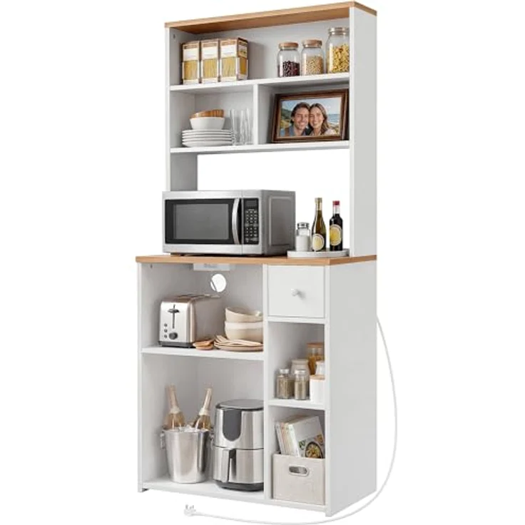 YITAHOME küchenregal mit Steckdose, 2 AC-Steckdosen, 2 USB-Anschlüssen, kaffeebar arbeitsplatte, Regal küche mit schubladen,schmales Regal 75 cm breit, Mikrowellenregal, 75 x 40 x 170 cm, Eiche und Weiß – Bild 1