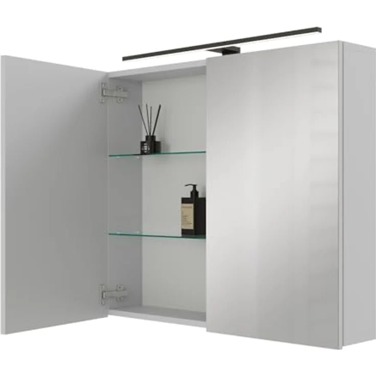 Planetmöbel ARIA Spiegelschrank Bad mit Beleuchtung 80 cm breit | Badschrank hängend mit Spiegel | Weiß Grau, mit Leuchte und Steckdose, Spiegelschrank Gäste WC 80 x 70 x 16 cm – Bild 2