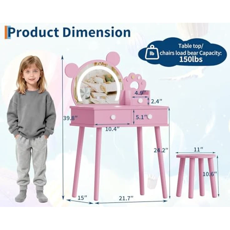 GarveeLife Schminktisch für Kinder, Mädchen, mit Spiegel & LED-Licht in 3 Farben mit 2 Schubladen, für Kinder von 3 – 8 Jahren, 55 x 38 x 101 cm – Bild 2