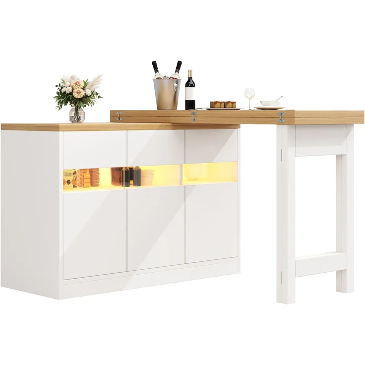 Ausziehbarer Bartisch 120–180 x 40 x 75,8 cm aus MDF mit LED-Beleuchtung und Stauraum – Bild 7
