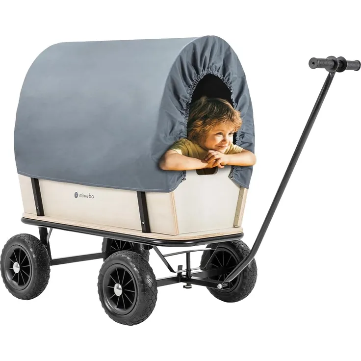 Miweba Holz-Bollerwagen Canvas Transportwagen Kinder Handwagen Dach Gartenwagen (Grau)