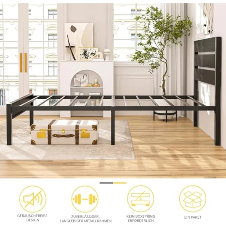 VECELO 2er-Set Bettgestelle 90x200 cm, Einzelbetten mit dickem Holzkopfteil und Metall Lattenrost, stabil und geräuschlos mit 31 cm Stauraum, Industrial Design für Schlafzimmer, Schwarz – Bild 8