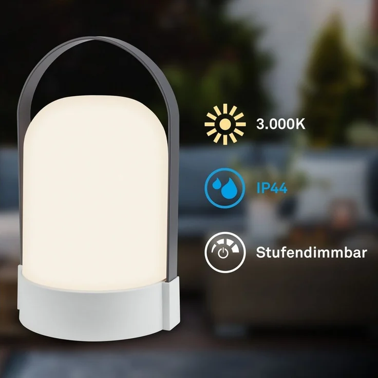 BRILONER - LED Tischlampe kabellos IP44 mit Touch, dimmbar in Stufen, warmweißes Licht, Akku Tischleuchte, Nachttischlampe, LED Lampe, Camping, Outdoor, 14,5 x 13,5 x 24 cm, Grau-Anthrazit – Bild 1
