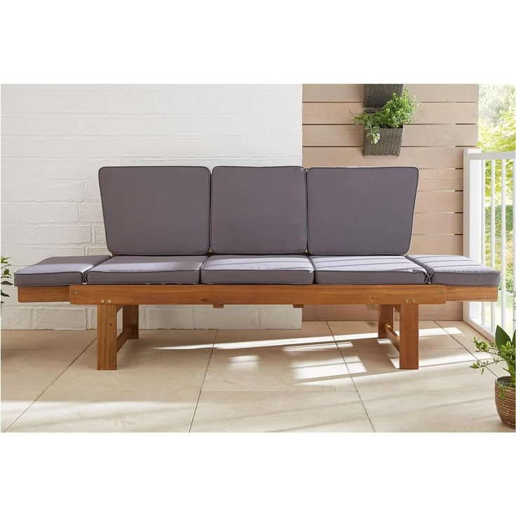 Wohnando Sitzbank Gartenbank "Monte" 202x 67x87cm (BxTxH), massives Akazienholz, FSC (1-St), braun, graue Sitzauflage, ausklappbarer Tisch, umklappbare Seitenteile – Bild 8