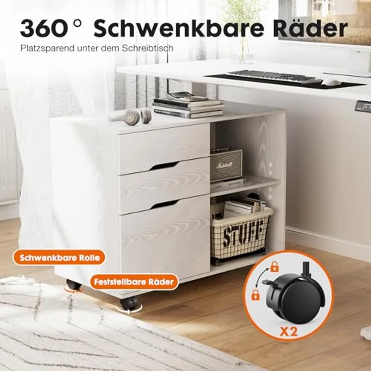 Sweetcrispy Rollcontainer mit 3 Schubladen,Aktenschrank und Druckerschrank mit Rollen,offene Ablage,höhenverstellbarer Einlegeboden,Hängeregistratur A4/Letter/Legal,80 x 40 x 62 cm,Weiß,für Büro Zuhause – Bild 7