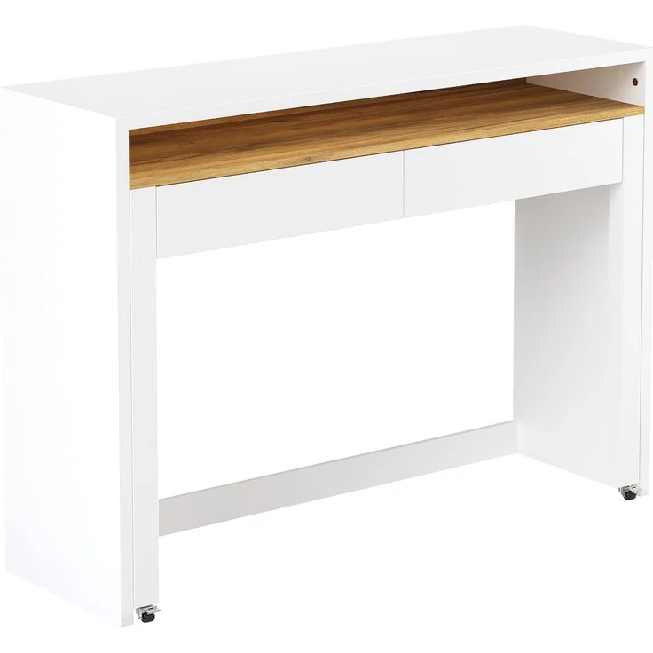 Schreibtisch ausziehbar mit 2 Schubladen, Rollenbremse und Schutzkante, Eiche-Optik/Weiß,87x100x40 cm – Bild 5