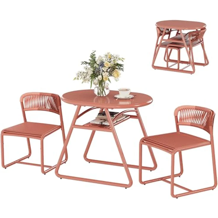 GarveeHome Bistrotisch mit 2 Stühlen, Modernes 3-teiliges Bistro-Set für Garten, Balkonmöbel Set mit 80cm Tisch&2 Stühle aus wetterfestem, Terrassenmöbel Möbel Set für Kleinen Balkon（Orange） – Bild 1