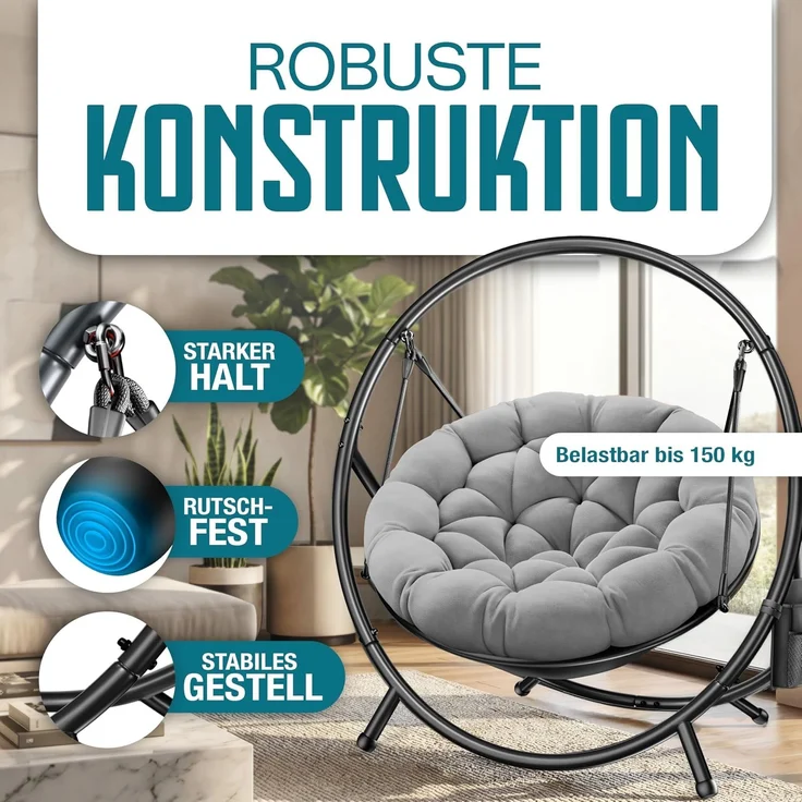 KESSER® Hängesessel mit Gestell BALI Hängeschaukel Hängestuhl bis 150kg für Indoor und Outdoor + Kissen & Seitentasche Hängekorb Stahlgestell & Schaumstoff Sitzpolster ideal für Wohnzimmer & Garten Grau – Bild 6