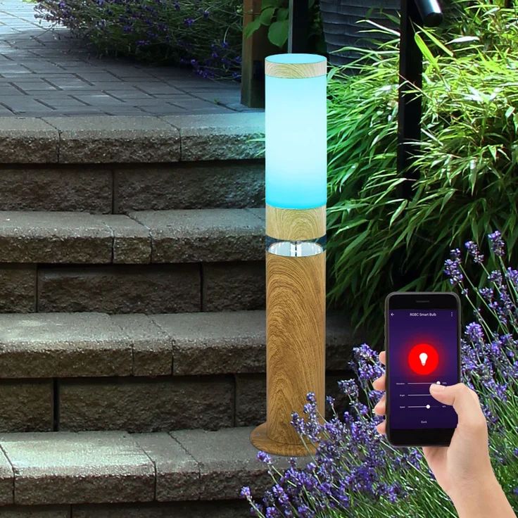 RGB LED Sockellampe, Edelstahl, Holz-Optik, App-Steuerung – Bild 2