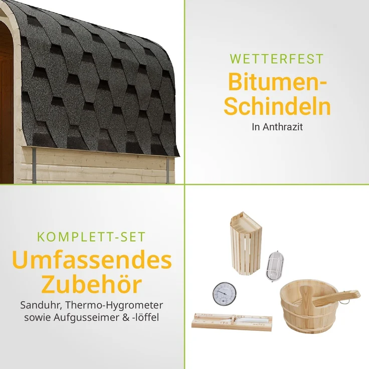 Artsauna Cube Fasssauna Fjora, Gartensauna für 6 Personen aus Fichte, 9 kW Saunaofen, LED-Beleuchtung, Zubehörset mit Sanduhr & Thermometer – Bild 4