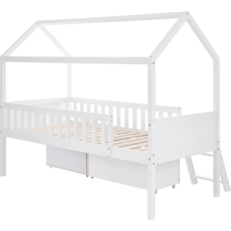 Merax Hausbett Kinderbett Jugendbett 200x90 Mit Schubladen und Ablagefächern Geeignet für Jungen und Mädchen Mit Anti-Drop-Geländer, Weiß (Ohne Matratze) – Bild 10