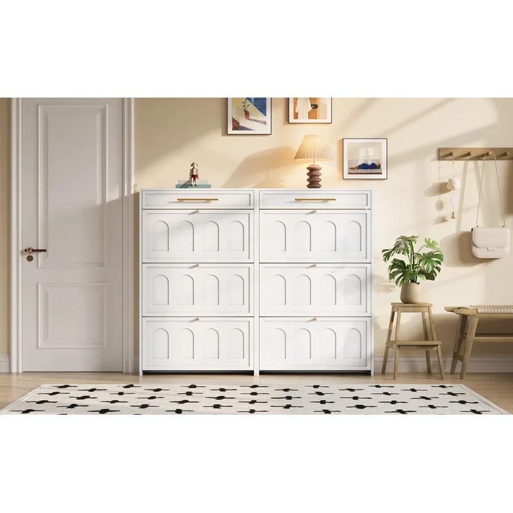 ZUBALIYA Schuhschrank (140 x 25 x 123,5 cm), 2 Schubladen, Verstellbare Einlegeböden, Stauraum für Flur und Eingangsbereich, Weiß – Bild 18