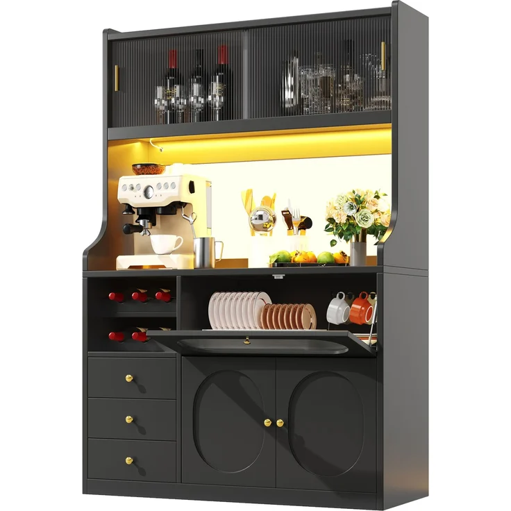 Küchenhochschrank 120x40x180 cm in Schwarz mit RGB-LED, Glasschiebetüren, Weinregal und 3 Schubladen – Bild 5