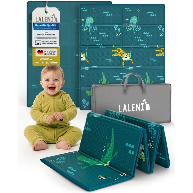 Laleni Krabbelmatte Baby 120x150x1 cm - wasserdichte Spielmatte Baby faltbar - isolierende Bodenmatte Kinder - weich & schützt vor kaltem Untergrund - Krabbeldecke outdoor & indoor - Wasser-Motiv