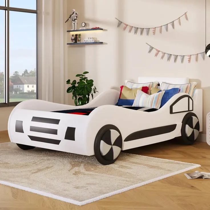 Autobett mit Lattenrost und Bettkasten, 90x200 cm, Kinderbett, Rausfallschutz, Kunstleder – Bild 4