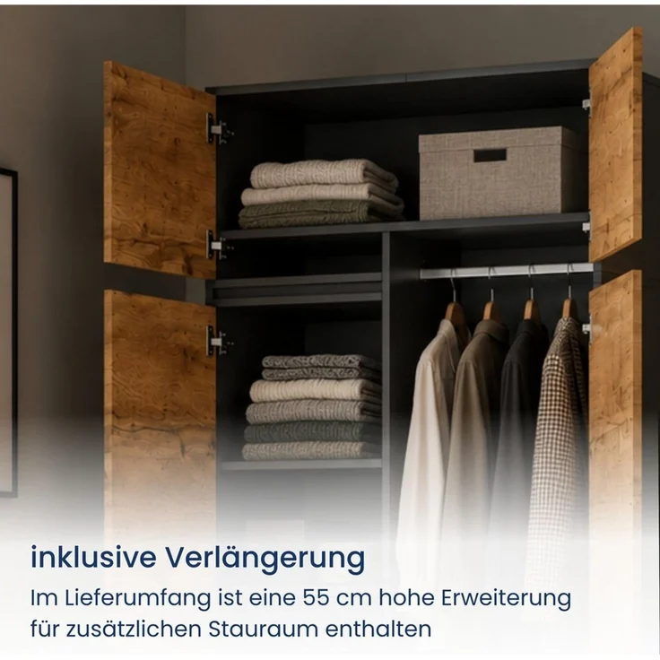 Home Collective Kleiderschrank Schrank Schlafzimmer Garderobenschrank Mehrzweckschrank Hochschrank (100 cm breit, mit 2 Schubladen, Kleiderstange & Einlegeböden) Wäscheschrank, vielseitig, grifflose Front mit Aufsatz Anthrazit-Eiche – Bild 3