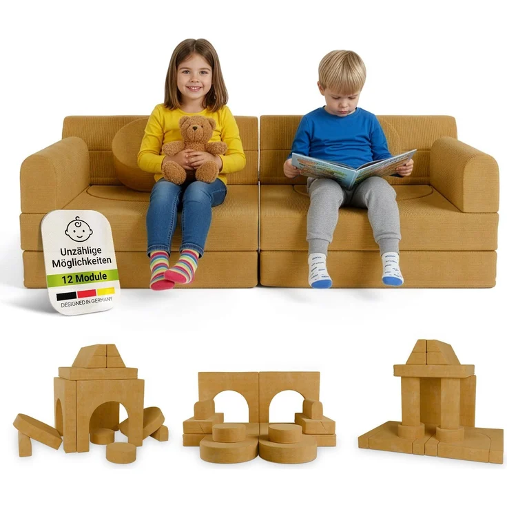 Juskys Kindersofa Kayo –Cord, modular & weich, Sofa für Kinderzimmer & Spielzimmer, sicher, flexibel, pflegeleicht, mit abnehmbaren Bezügen – Gelb – Bild 1