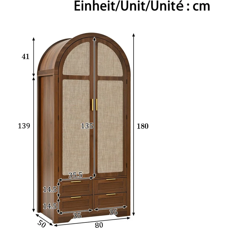 DESVIAE Garderobenschrank Nussbaum aus MDF – 80x180x50 cm – Rattantüren, Schubladen – Bild 10