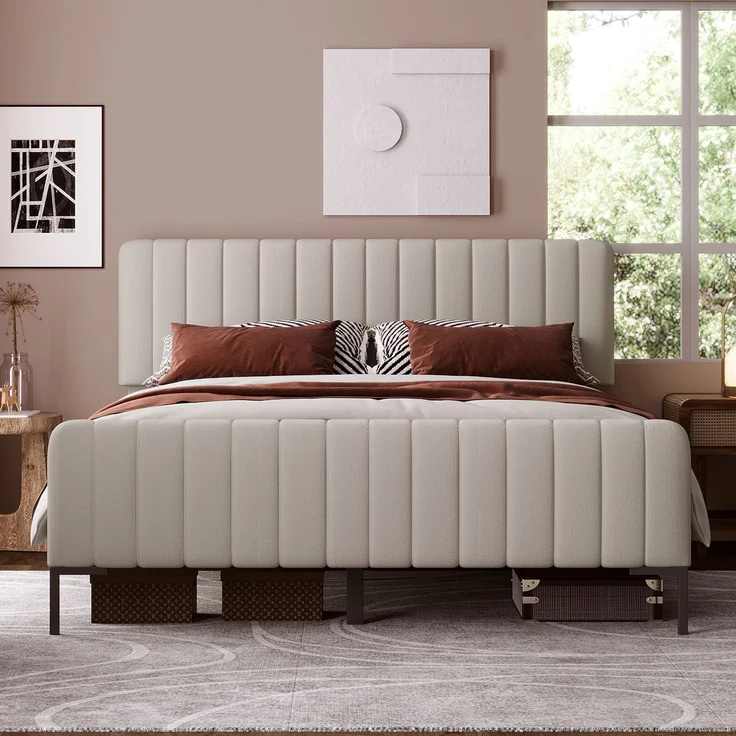 Polsterbett 160x200 cm, Leinen in Grau-Beige mit verstellbarem Kopfteil & Lattenrost, mit Matratze – Bild 2