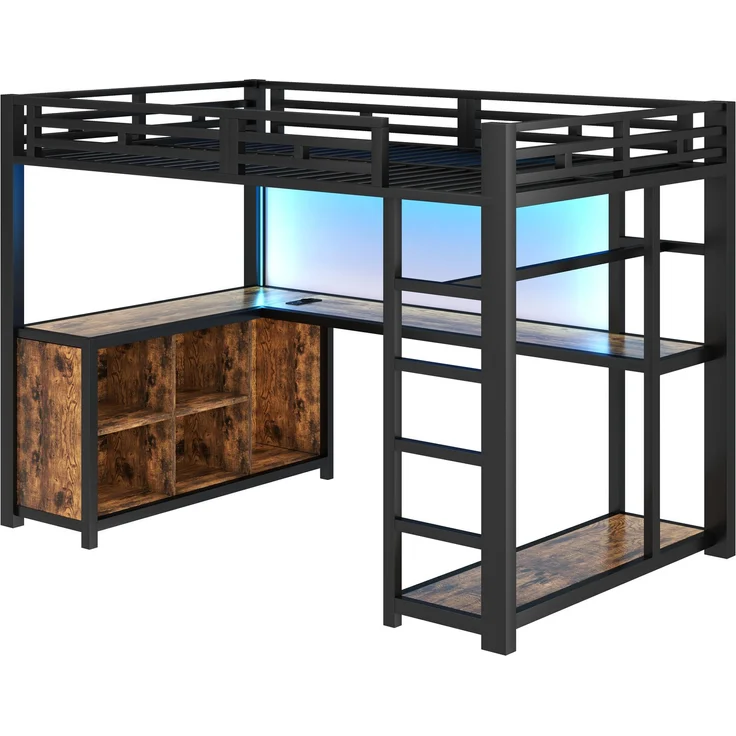 U-life Metall-Hochbett, Etagenbett, Loftbett, 140x200 cm, für Schlafzimmer, Jugendzimmer, kleine Wohnungen, mit integriertem Arbeitsbereich, LED-Beleuchtung, USB-Anschlüssen, viel Stauraum, offenem Kleiderschrank, sicherer Treppe, MDF + Metall, modern,... – Bild 8