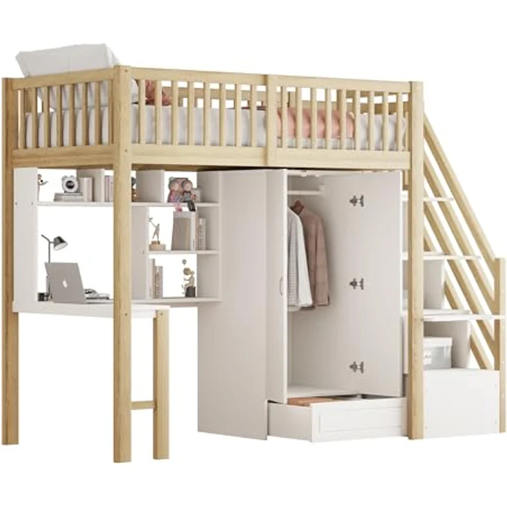 Odikalo Jugendbett Kinderbett Hochbett Kleiderschrank Regal Tisch Treppe 90x200cm – Bild 8